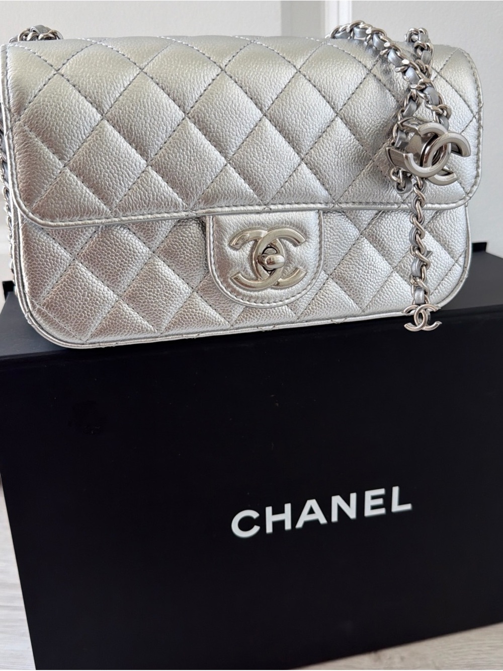 Chanel 25B Mini Classic Metallic Silver Shoulder Bag
